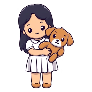 A beautiful girl with long straight black hair wearing a white skirt holding a small brown curly teddy dog sticker