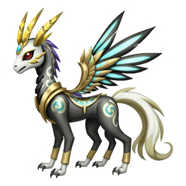 Colorful Shiny Tribal Skeletal masked armored Meloetta-Silvally-Solgaleo-Raikou-Pokémon-Digimon-Fakémon-fusion-hybrid-creature, full body sticker