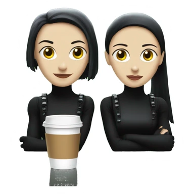 two girls in costumes from the film The Matrix sit with their backs to each other over a cup of coffee and a cigarette sticker