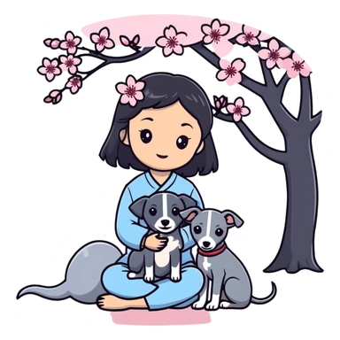 A young Chinese girl with long black hair and a pure grey Italian Greyhound with no white markings sitting under a cherry blossom tree sticker