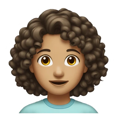 Curly dark-haired girl, shoulder-length hair. Hair brown, neat nose, small forehead, positive sticker