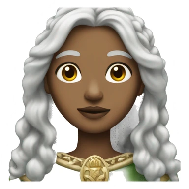 Irish Queen with light skin long gray hair and a crown sticker