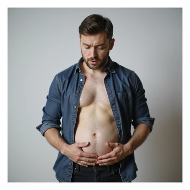 realistic close-up of the face of a 28-year-old man confused while looking at his bloated stomach, neutral background sticker