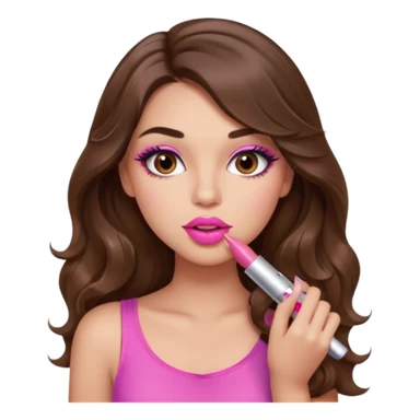 girl with long wavy brown hair, brown eyes, light to medium complexion, in a pink sexy top, pink lips, long lashes, puckered lips, putting on lipstick sticker