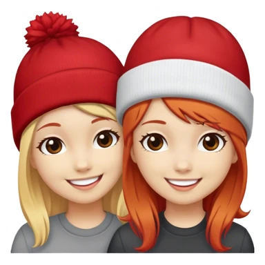 girls smiling with beanie hats blonde hair and red hair sticker