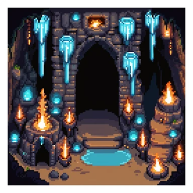 cave dungeon with torches, stalactites, and glowing crystals sticker