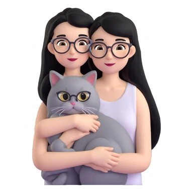 Skinny woman with oval glasses, long straight black hair, wearing white sleeveless top, hugging a grey Persian-Angora cat, plain background sticker