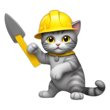 gray cat,fighting pose,yellow construction helmet, illustration style sticker