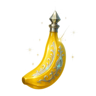 modernus prabangus eliksyro buteliukas, banano forma, banano geltonumo spalva, holografiniai ir sidabriniai ornamentai, stiprūs magiški švytėjimai ir efektai, labai mažas kaklelis, skaidrus fonas, vientisas dugnas, be šešėlio, plūduriuoja ore, kolekcijos stilius sticker