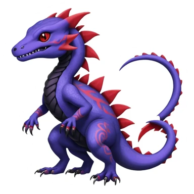Rare warm-colored exotic gloomy tropical edgy cute epic aesthetic spooky indigo purple white black red gothic colorful Salandit-charmeleon-sergal-species-Fakemon-hybrid-creature, with tribal tattoo markings, full body sticker