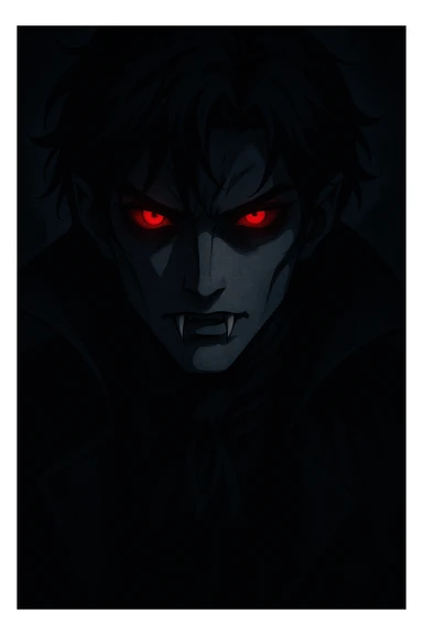 anime vampire face with glowing red eyes, deep shadows, mysterious aura, sharp fangs sticker
