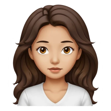 iOS style emoji. A girl with very long dark brown wavy hair. And the eyes color is dark brown. And she is wearing white t shirt with V kneck. And she is 30. She is Asian with double eyelids  sticker