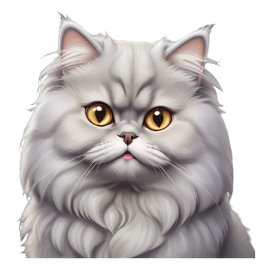 Cinematic Derpy grumpy comical Grey Persian Cat Portrait Emoji, Head tilted playfully with an adorably awkward expression, fluffy grey fur with soft silver undertones, Simplified yet hilariously derpy features, highly detailed, glowing with a warm but slightly confused glow, high shine, a mix of lazy and clueless, stylized with a touch of whimsy, bright but with a completely derpy and grumpy face, soft glowing outline, capturing the essence of a quirky yet chubby, grumpy kitty, so endearing it feels like it could stretch out of the screen and demand attention with its wonderfully derpy charm! sticker