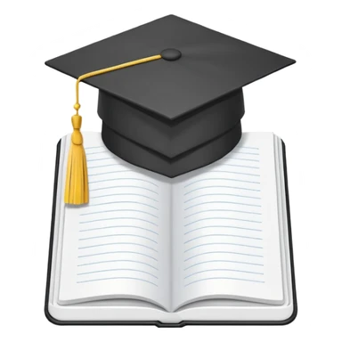 Front-facing school notebook with a small graduation cap on top, minimal line-art, clean modern style, straight angle, simple outlines, slightly 3D, no background, transparent, represents “school / sixth form / Year 13 sticker