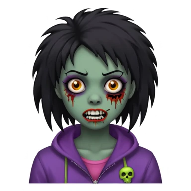 girl, zombie, black coily hair, medium long, emo, shaggy, dark, spooky, piercing on eyebrow, colourful teeth, creepy blank expression sticker