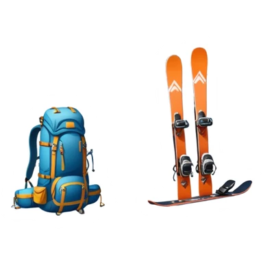 Icon for Mountain Tourism: a snowy peak landscape with skis, a snowboard, climbing equipment, a backpack and a camera. The icon should represent the adventure and excitement of mountain travel and outdoor exploration. Transparent background. sticker
