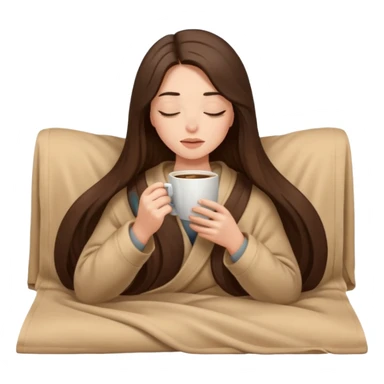 Brunette girl long hair inside a beige blanket sipping coffee eyes closed sticker