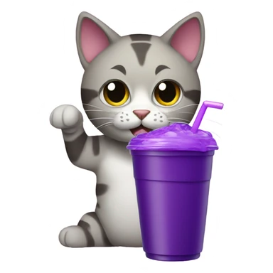 Cat holding styrofoam cup with purple juice sticker