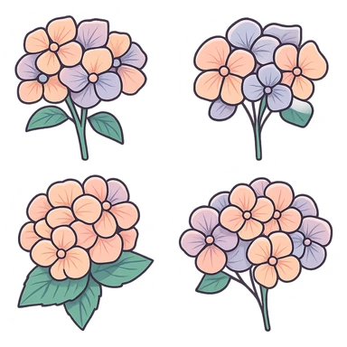 Hydrangea with large flowers, detailed with shadows and highlights, in icon-color-outlined style with thin clean outlines and soft rounded shapes. Use a pastel palette #98B5BC, #B5B3C1, #C9A3C9, #E4C0CA, #F7DCD1, #F7C0AA. Transparent background. Inspired by the reference image, emphasize volume and light. sticker