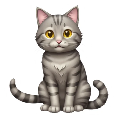 cinematic-[grey tabby cat]-realistic-full-body-sitting-emoji,-tail-curled-playfully-around-its-paws,-head-tilted-dramatically,-scruffy-[grey]-fur,-simplified-yet-realistic-focused-features,-highly-detailed,-glowing-with-an-almost-sarcastic-glow sticker