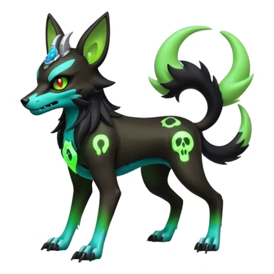 Hyper realistic horned slim skeletal black and neon green futuristic shiny colorful bioluminescent cyber-Poochyena-Lycanroc-Zorua-Litten-Houndoom-Fakémon-Pokémon-Digimon-hybrid-fusion (full body) with a skull face sticker
