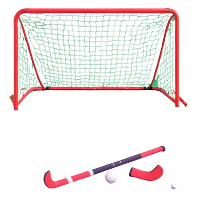 field hockey equipment on lush green pitch with goal in background sticker