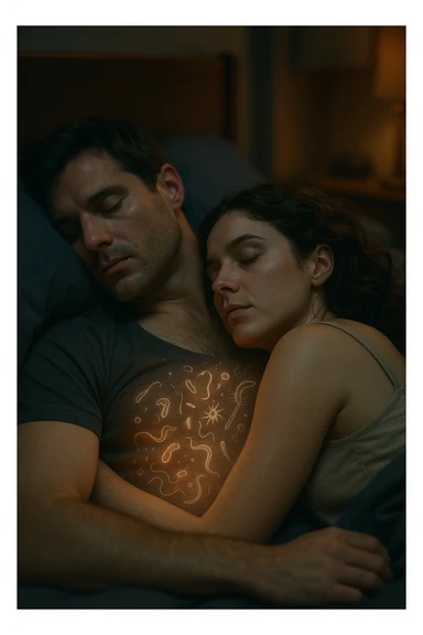 A hyper-realistic, cinematic image of a man and a woman sleeping together in the same bed under soft, dim night lighting, with their bodies close and touching. Their skin appears slightly illuminated where it touches, and under a subtle x-ray style overlay, faint ghostly silhouettes of microscopic parasites and worm-like organisms are visible crawling transdermally between their bodies, symbolizing silent, unnoticed parasite transmission during sleep. The environment is a cozy bedroom with warm tones, but the presence of the glowing parasites creates a slightly unsettling feeling, emphasizing the hidden danger. Their faces are calm, unaware, symbolizing the unconscious nature of the transmission. The image is detailed with a 35mm film hyperrealistic aesthetic, focusing sharply on the point of contact between their skin where the parasites pass, while the background remains softly blurred. The color palette uses muted warm browns and soft moonlight blues to maintain a nighttime, intimate feeling, contrasting with the translucent, glowing parasites to illustrate the hidden risk of transdermal parasite transmission while sharing a bed sticker