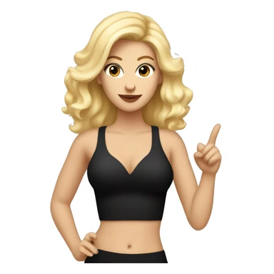 Emoji of a white woman with blonde hair in a black mini dress bra inside, confidently pointing forward with finger with a stylish, influencer vibe sticker