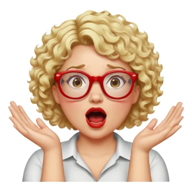A blonde woman with short curly hair, slightly overweight, wearing red-framed glasses, shouting with hands cupped around her mouth sticker