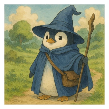 penguin wizard, detailed, whimsical, soft colors, ghibli style illustration sticker