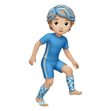 A little male child with a blue/beige outfit and  curled light brown hair and shoes which are orthopedic ankle-foot orthosises (AFO) for a small child. The brace goes just below the knee and its with a bright blue water-like pattern with a spiral side design. sticker
