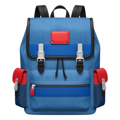 Minimalist emoji-style icon of a stylish blue denim backpack with a flap top, two vertical black buckle straps, a large red-white-navy horizontal block in the center, and two zipper side pockets. Inspired by Tommy Jeans design. Front view, cartoon-like, clean design.

 sticker