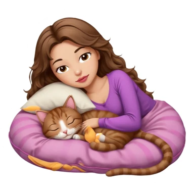 girl with long wavy brown hair, brown eyes, long lashes makeup, sexy pink lips, light to medium complexion,  sleeping on a cozy pillow, with brown tabby cat, sleeping sticker
