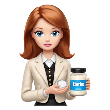 A Barbie girl with blue eyes, shoulder-length reddish-brown hair, made-up, in a white tweed jacket and black skirt, holding a jar of pale beige body cream sticker