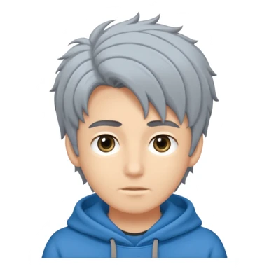 Crea un emoji a mezzo busto come ti ho già chiesto però di un ragazzo sulla 20ina ma che sembri più giovane, vestito con una felpa grigia. Occhi azzurri, capelli neri con il ciuffo davanti un po bagnato. sticker