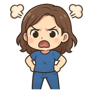chibi emote of a woman in a blue t-shirt and jeans, angry with steam puffs, no headband, no sparkles, no wand, transparent background sticker