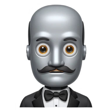 Gray Robot with a square head, thick handlebar moustache, headlight eyes, wearing a tuxedo, buff sticker