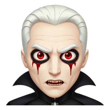 Creat a young man Vampire with white skin and white hair "make him have slide back hair" and full black vampire clothes and bloody eyes and long fangs and scary dead eyes sticker