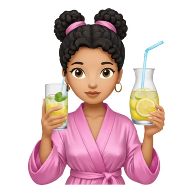 Mixed-race woman with caramel skin, black curly hair tied in a bun, wearing a pastel pink silk robe, holding a glass of infused water with lemon sticker