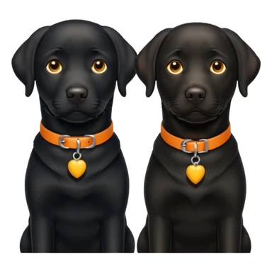 2 black labrador, adult, one has a yellow and the other an orange collar sticker