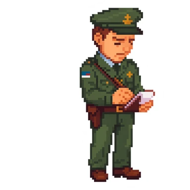 Make the game warden a white male with brown hair, writing a ticket for a wildlife law infraction, no background, keep the pixel art style look. sticker