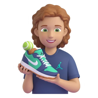 a boy with wavy light brown ginger hair, short sides and longer on top, green grey eyes, wearing a dark blue shirt, smiling, holding a Jordan sneaker in his hand sticker