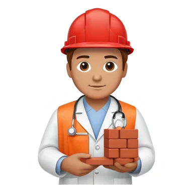 Brick mason wearing a hard hat but in a doctors gown emoji holding a red brick sticker