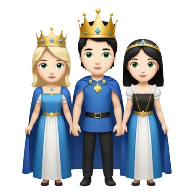 Prince with crown, blue cape and trousers, body and legs, black hair, blue eyes and maid, blonde hair, green eyes, sexy white short sleveless dress,  sticker