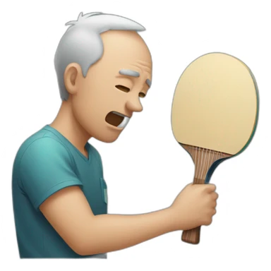 Man crying looking at ping pong racket sticker