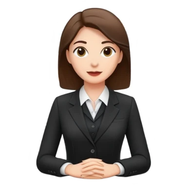 Professional female bank clerk in formal business attire behind a counter sticker