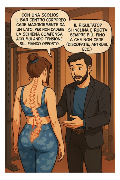 fai questa immagine in versione manga/webtoon a colori, il manga mostra la donna di spalle, mentre l'uomo le tocca la spina dorsale per spiegarle come funziona la scoliosi:
Con una scoliosi il baricentro corporeo cade maggiormente da un lato; per non cadere la schiena compensa accumulando tensione sul fianco opposto.
Il risultato? Si inclina e ruota sempre più, fino a che non cede (discopatie, artrosi, ecc) sticker