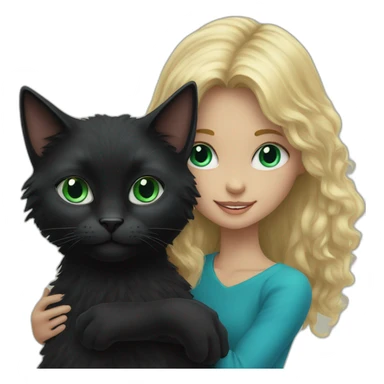 a black fluffy cat with blue eyes holds a blonde girl with green eyes sticker