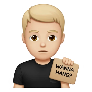 A man holding a sign that says “wanna hang? Wanna chill?” While looking pouty sticker