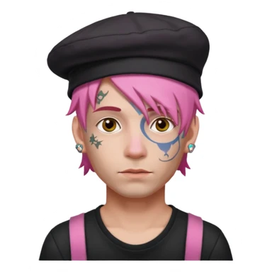 pink haired man and face tattoos and hat sticker